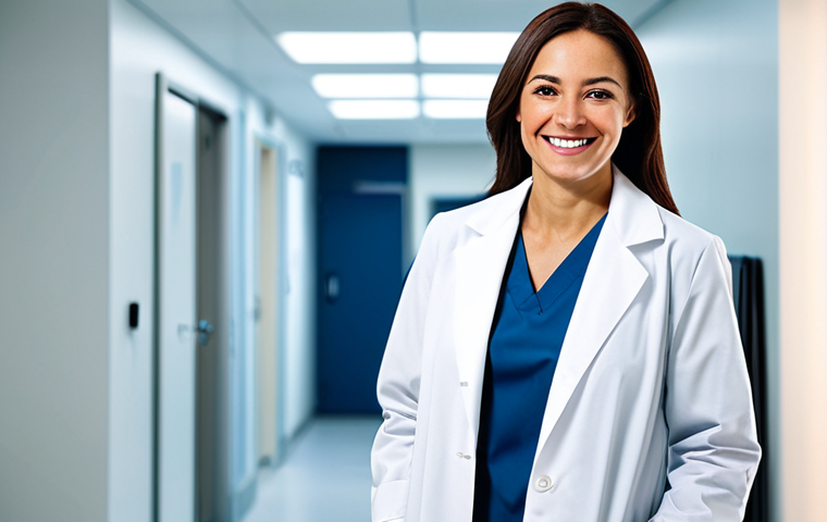 **

A professional female doctor, fully clothed in a clean white coat and modest attire, smiling warmly in a modern hospital setting, safe for work, appropriate content, perfect anatomy, natural proportions, professional lighting, high resolution.

**