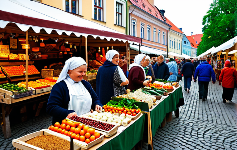 라트비아 최근 뉴스 - **
"A bustling marketplace in Riga, Latvia, showcasing local crafts and produce. People are dressed...