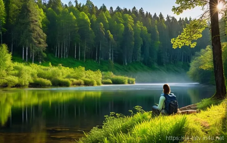 라트비아 라이가 국립공원 - **Prompt:** A serene and expansive landscape of Gauja National Park during a golden hour in late spr...