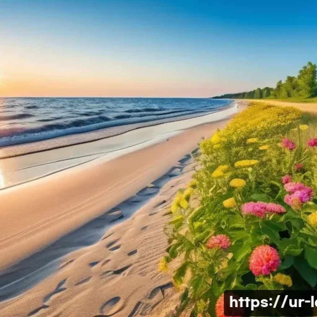 유르말라 해변 여행 - A serene beach scene at Jurmala in early morning light, featuring soft golden sand stretching alongs...