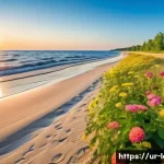 유르말라 해변 여행 - A serene beach scene at Jurmala in early morning light, featuring soft golden sand stretching alongs...