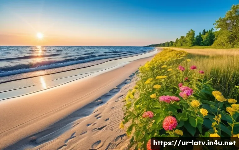 유르말라 해변 여행 - A serene beach scene at Jurmala in early morning light, featuring soft golden sand stretching alongs...