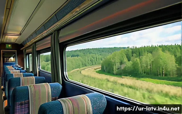 라트비아 기차 여행 팁 - A scenic train journey through Latvia&rsquo;s lush spring forests and valleys, viewed from a train window ...