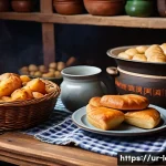 라트비아 전통 음식 - A rustic Latvian kitchen scene featuring a wooden table set with traditional dishes: a steaming bowl...