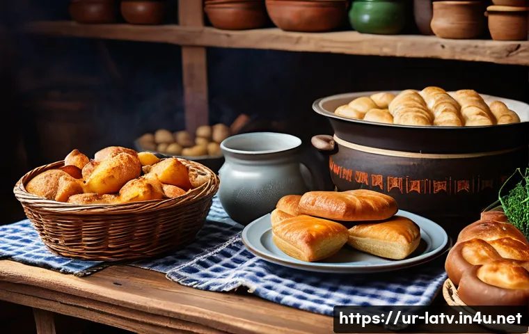라트비아 전통 음식 - A rustic Latvian kitchen scene featuring a wooden table set with traditional dishes: a steaming bowl...