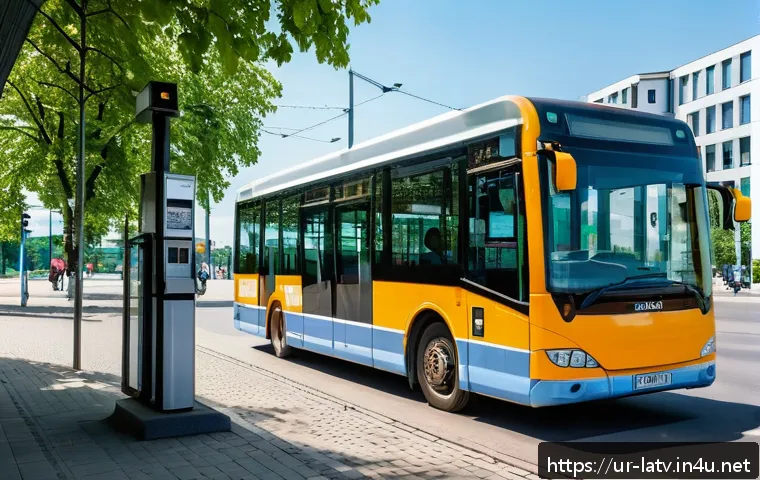라트비아 대중교통 이용법 - A modern Latvian city bus in Riga, depicted during a sunny summer day with clear blue skies. The bus...
