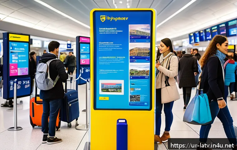 라트비아 가는 방법 - A vibrant scene at Riga International Airport showing diverse budget travelers happily checking in f...