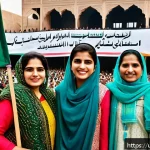 라트비아 정치 이슈 - A vibrant political rally in Pakistan featuring diverse political party leaders standing united on a...