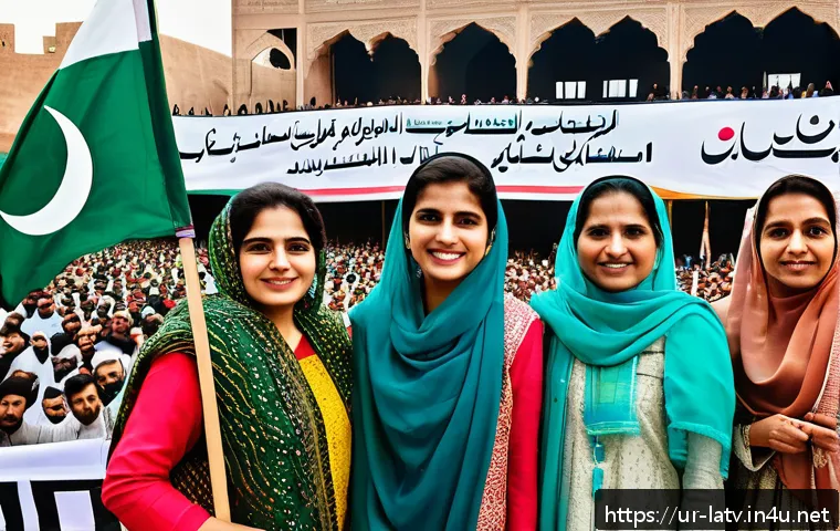 라트비아 정치 이슈 - A vibrant political rally in Pakistan featuring diverse political party leaders standing united on a...
