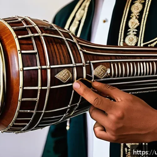 라트비아 전통 악기 - A traditional Gudrees musical instrument made from polished wood and metal, showcasing its deep and ...