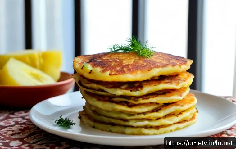 Home 17 라트비아 감자 팬케이크 레서피 - Photorealistic Latvian potato pancakes, golden and crisp with finely grated potato texture, stacked ...
