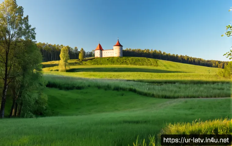 Home 13 라트비아 역사 개요 - Photorealistic historical overview of Latvia, a sunlit Baltic landscape with a restored medieval sto...