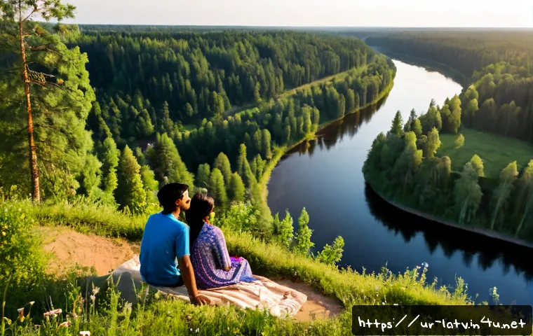 라트비아 자연 관광 - Photorealistic summer landscape in Gauja National Park, Latvia, a Pakistani Urdu-speaking family in ...