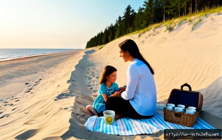 라트비아 해변 휴양지 - Photorealistic Baltic beach resort in Latvia at sunrise, wide view of pale golden sand dunes and cal...