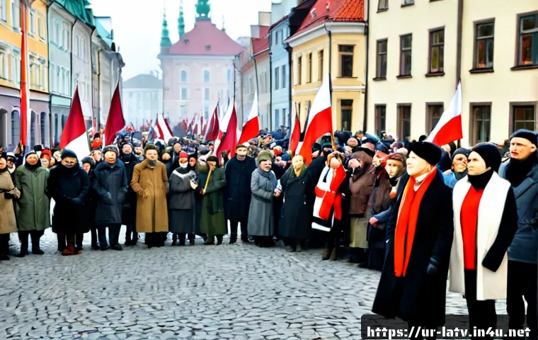 Home 17 라트비아 독립운동 - Photorealistic historical scene of Latvia’s independence movement, a peaceful crowd of men and women...